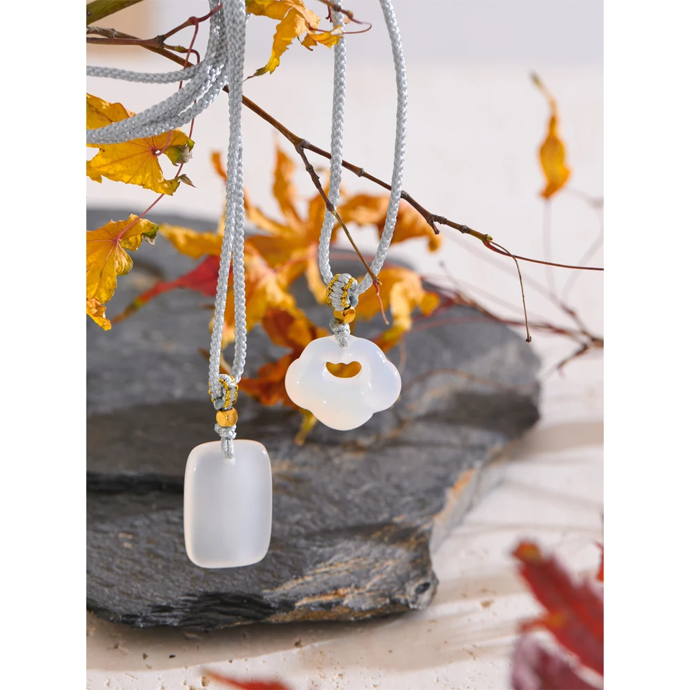 Yhpup Unisex Family Jewelry China Style Lucky Riches Health Wishes Unique Natural Stone Pendant Chalcedony Necklace Men Women