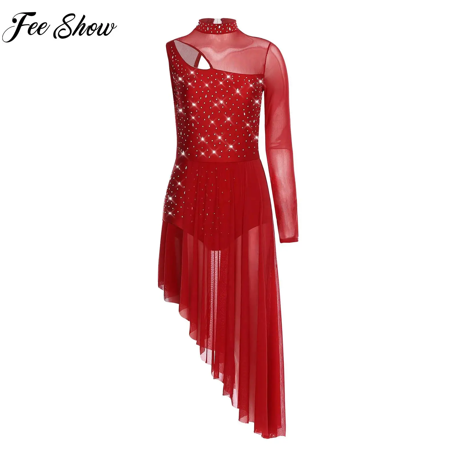 Women Sparkly Rhinestones Lyrical Contemporary Dance Leotard Dress Dance Party Stage Performance Costume Cutout Side Split Dress