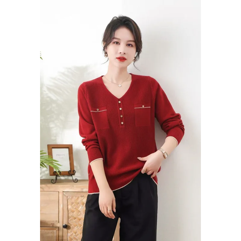 

Пуловер с круглым вырезом и карманами на пуговицах, осенне-зимний женский свободный вязаный топ с v-образным вырезом