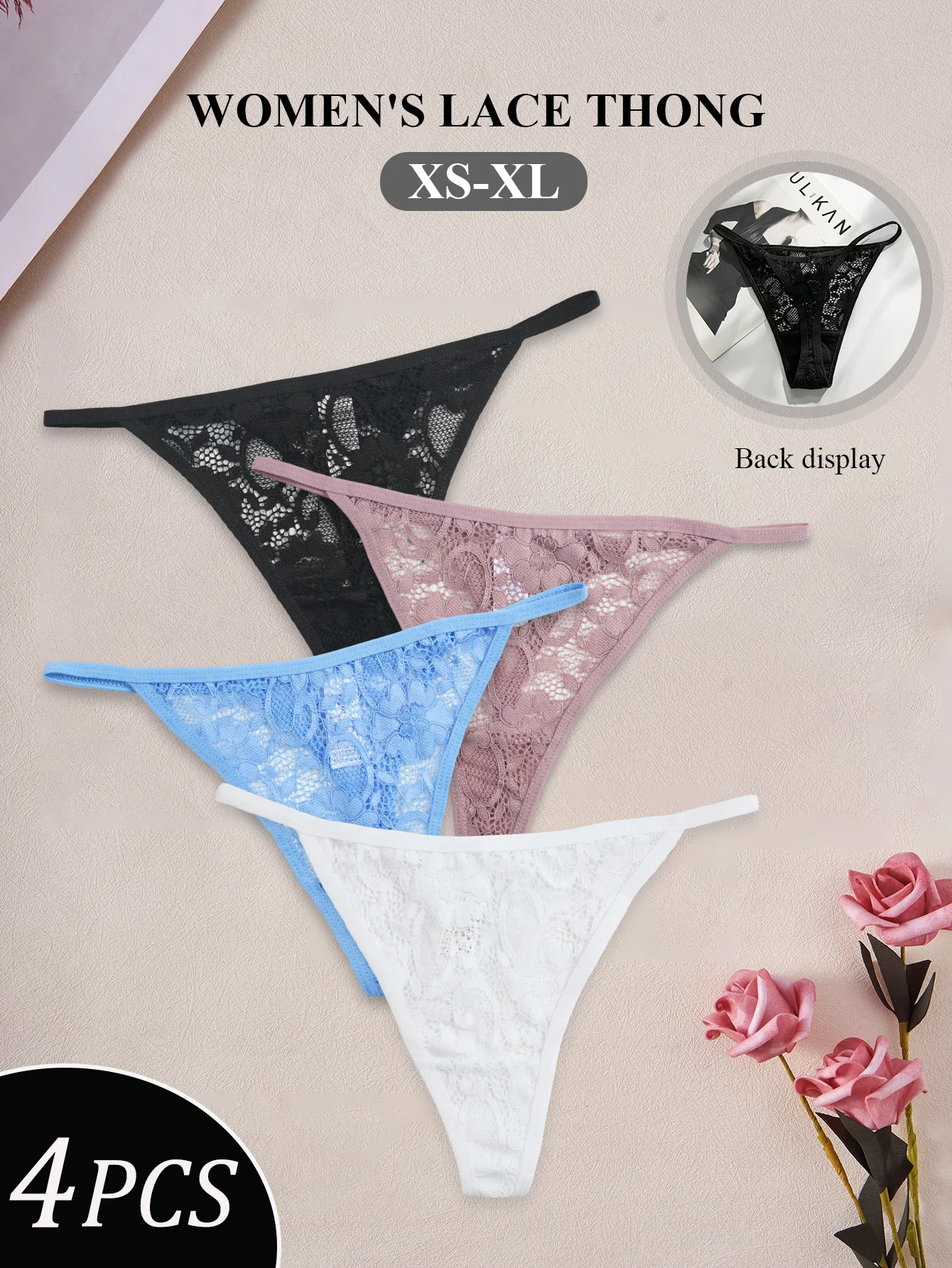 4PCS Women Sexy G-String Elegant Lace Floral Embroidery Thongs Low Waist Solid Color Hollow Out Panties Lingerie Tanga Mujer