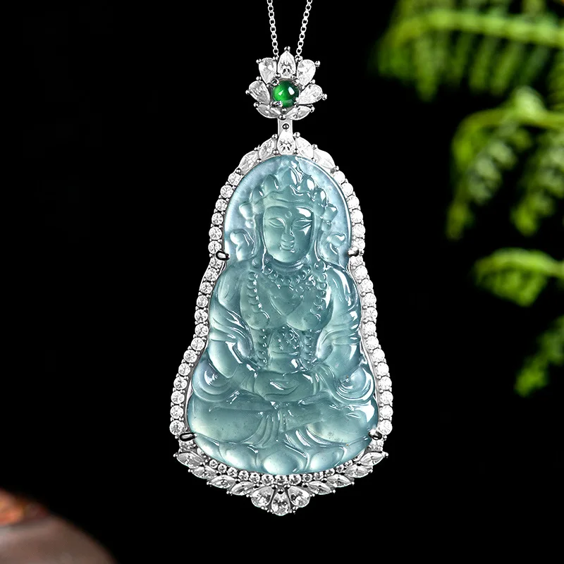 

Natural A-grade Jade Blue Water Tara Guanyin S925 Silver Inlaid With Ice Jadeite Pendant For Men's Gifts Women's Jewelry