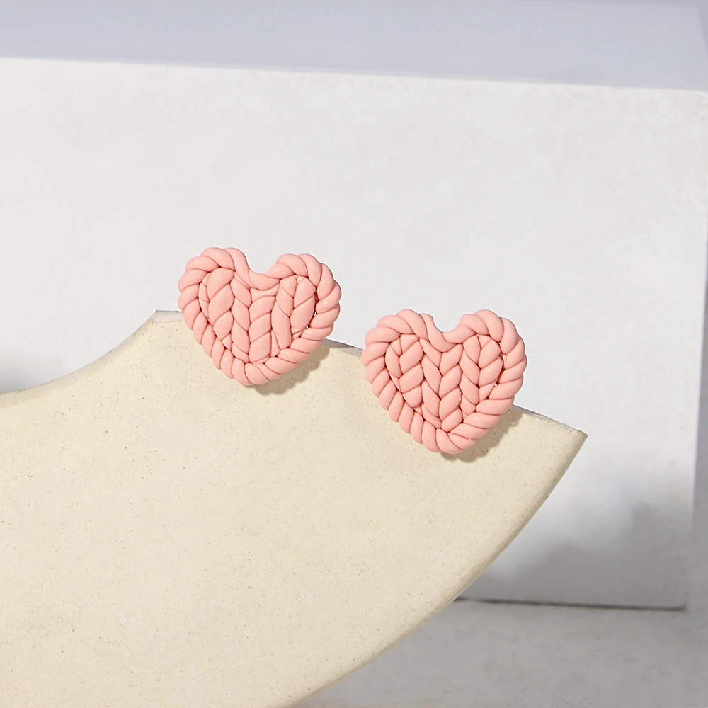 AENSOA Romantic Sweater Knit Love Heart Polymer Clay Stud Earrings for Women Handmade Braided Statement Earrings Party Jewelry