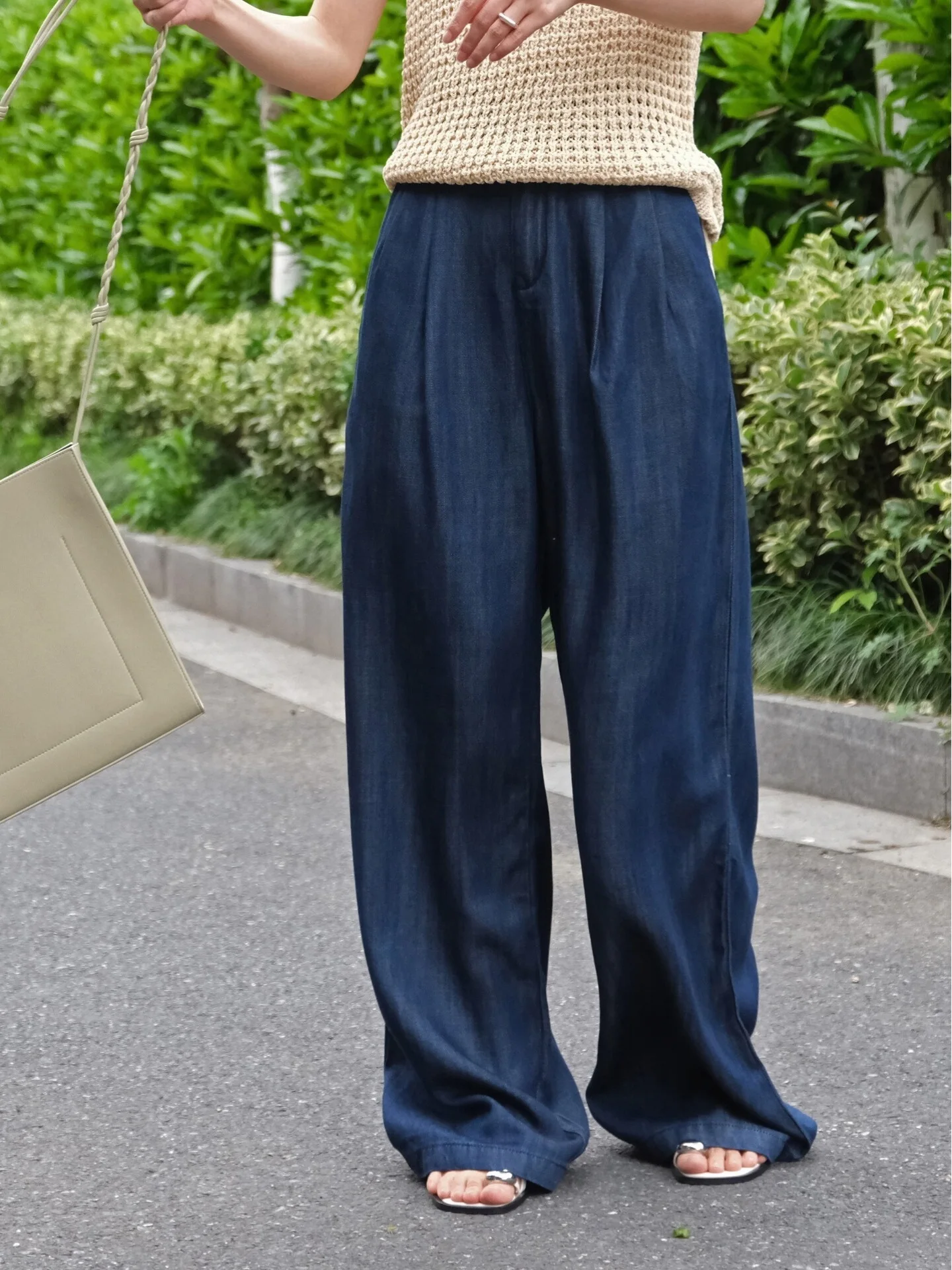 

High Waist Silk Denim Pants Summer Commute Casual Loose Fit Long Trousers Women's Fashion Anti-Mosquito Sunscreen Blue