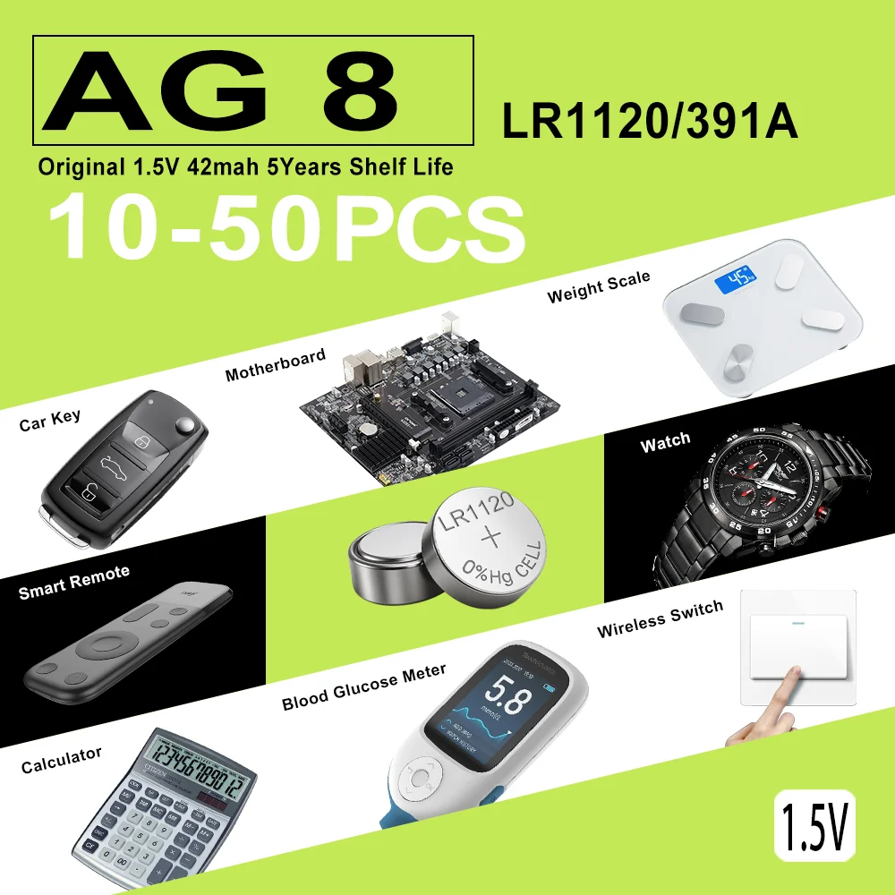 10-50PCS LR1120 AG8 SR1120SW 191 LR55 391 LR1120 1.5Vlithium manganese dioxide button battery, suitable for calculators, watches