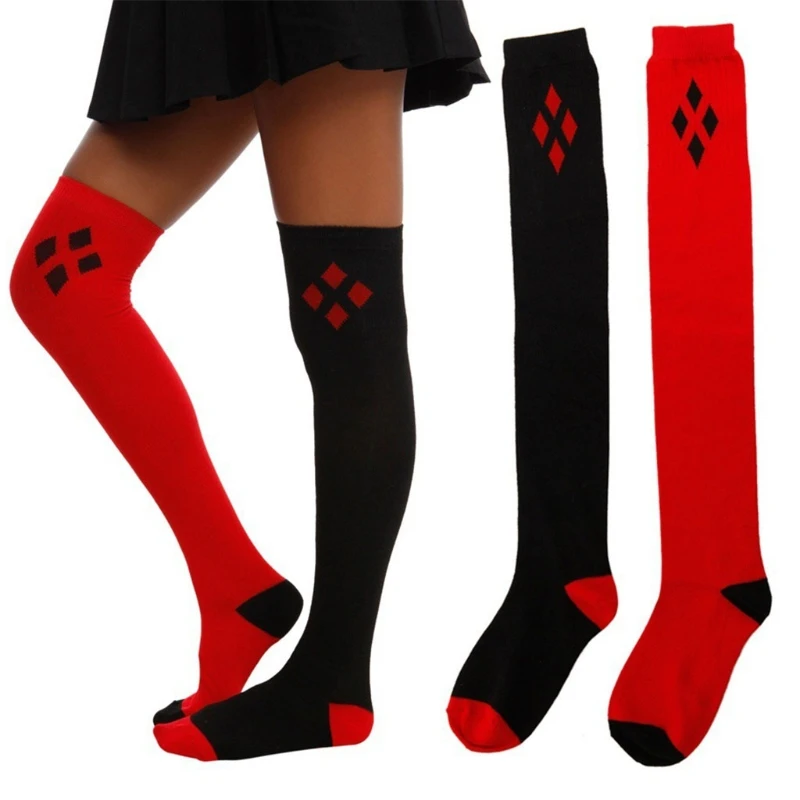 Women Girl Winter Cuff Sock Black Red Diamond Printed Knee High Stockings