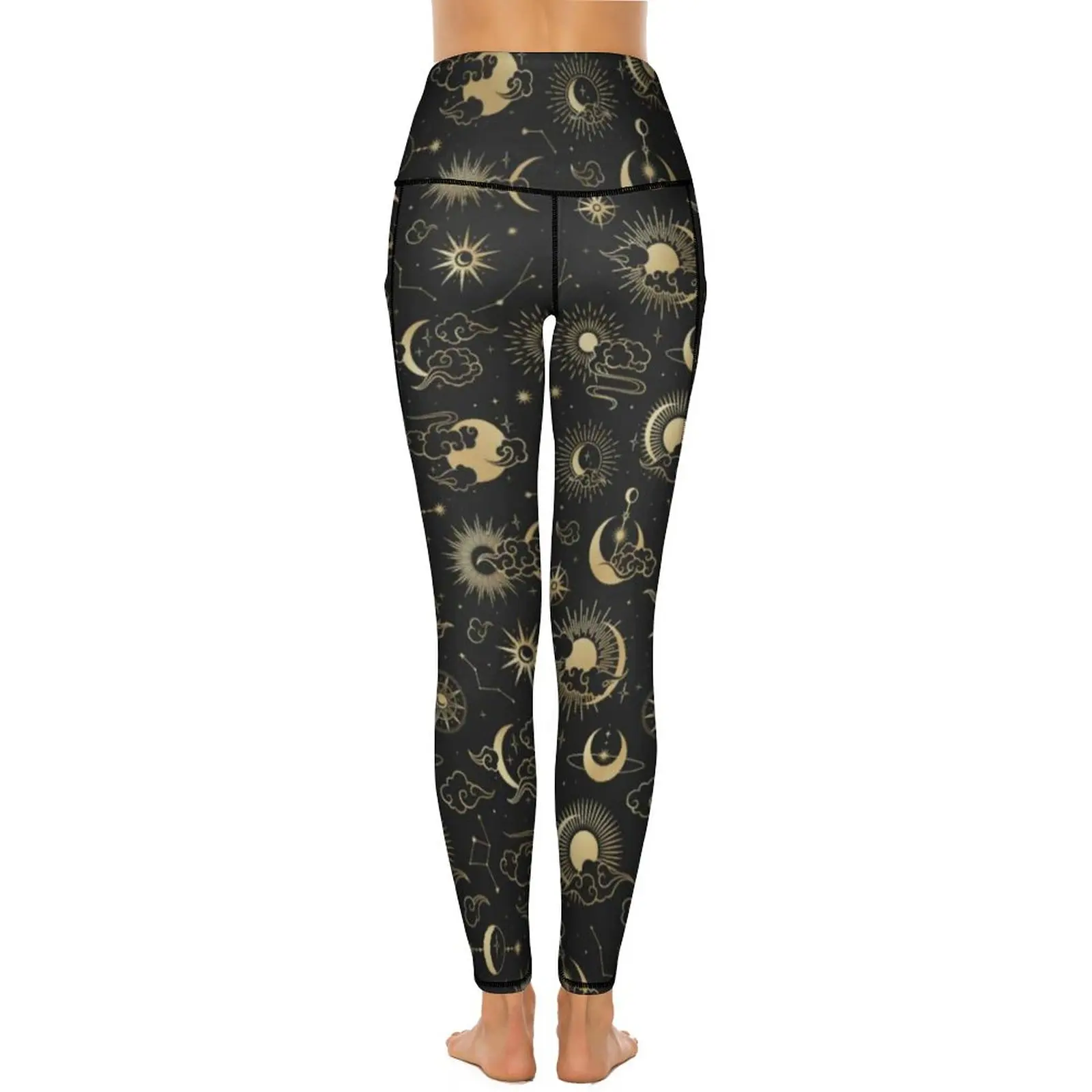 Black And Gold Moon Leggings Star Sun Astrology Art Workout Yoga Pants High Waist Sweet Leggins Quick-Dry Pattern Gift