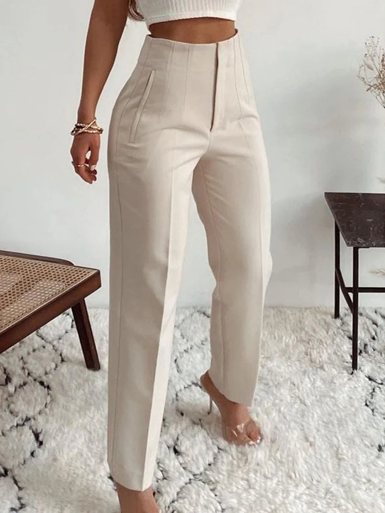 

Basic Office Wear Wide Trousers for Women 2024 Candy Color Elegant Fold High Waist Harem Pants White Slim Straight Capris Pants