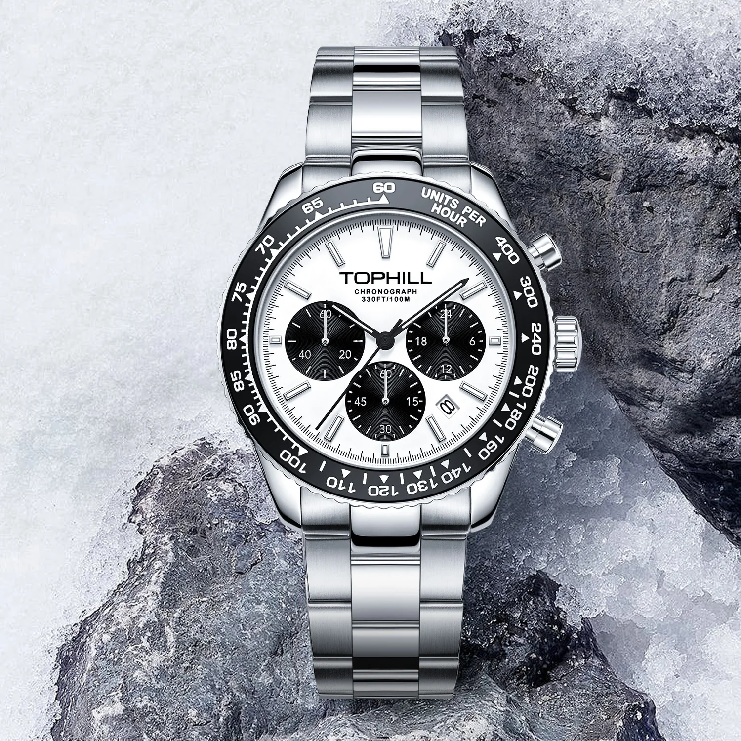 TOPHILL 41mm VD53 Aluminum Tychameter Bezel Men's Quartz Chronograph Watch Swim 10Bar Waterproof Sapphire Glass Adjustable Folding Clasp C3 Luminous 4.5H Date Window TD013G