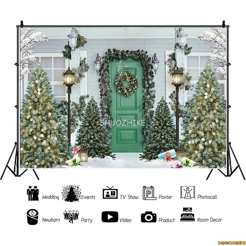 SHUOZHIKE albero di natale finestra caramelle fotografia sfondo porte in legno pupazzo di neve Cinema pino capodanno sfondo Prop LA-38