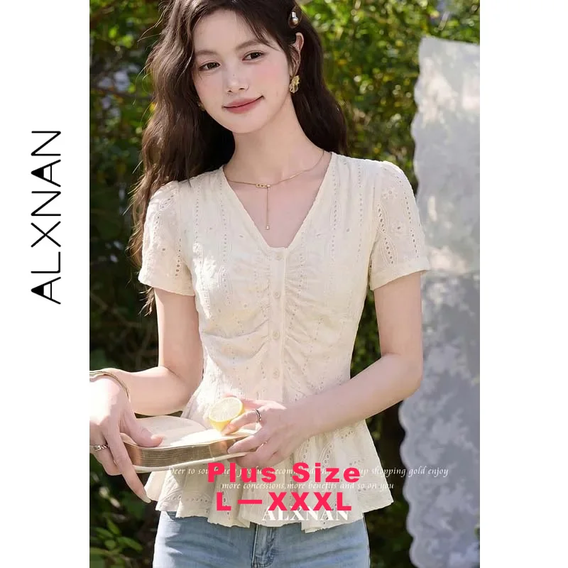 ALXNAN Plus Size Short Sleeve Blouse Embroidery V-neck Front Button Ruched Waist Slim Cotton 100% Casual Women Tops D66309A-1