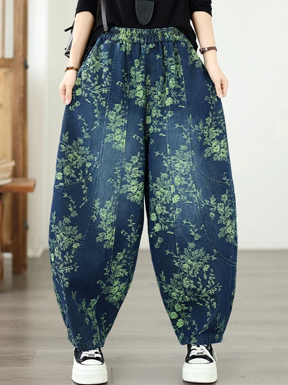 Retro Washed  Print Harlan Jeans Women's Loose Fit Casual Long Trousers Spring Autumn plus Size Slimming Jeans