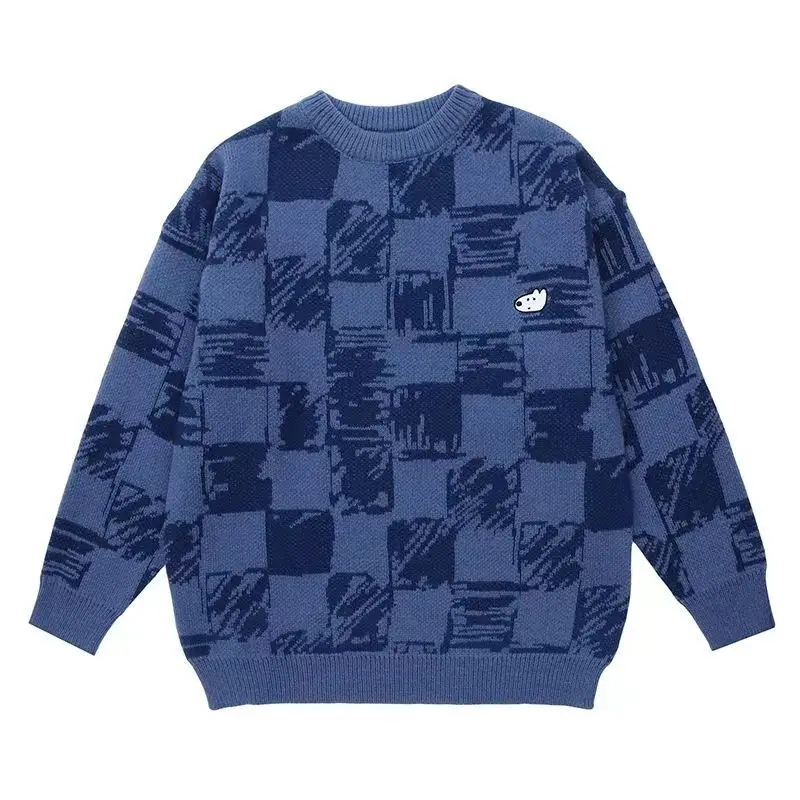 Retro Plaid graffiti Sweater Winter Men Cartoon Embroidery Harajuku Knit Pullover Jumper Oversize Y2k Vintage Women Knitwears