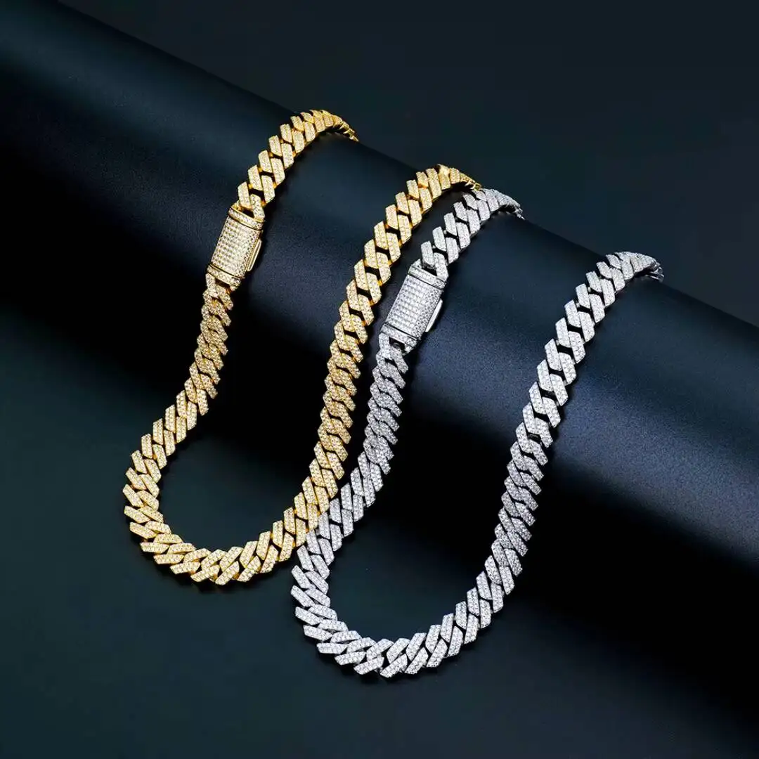 Luxury Hot-sale Rhodium Plated 925 Sterling Silver 8MM Width Full-Paved Moissanite Cuban Link Chain Classic Style Men's Gift Thi
