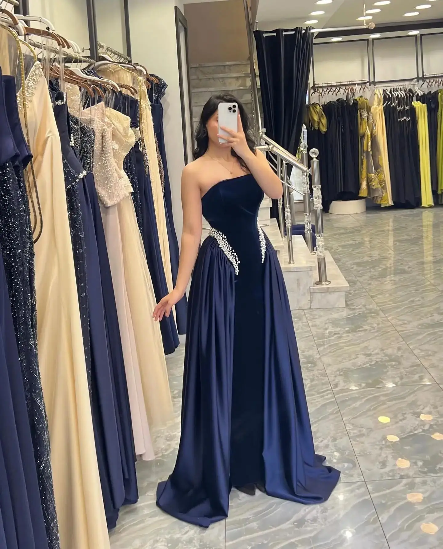 

Enchant Customized Elegant Strapless Prom Gown Navy Blue Beaded Party Evening Dress and Floor-length Formal Occasion Dresses