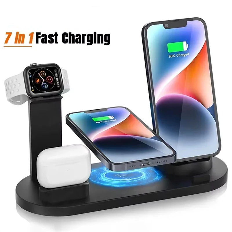 Soporte de carga inalámbrico 7 en 1 para iPhone 1-12, Apple Watch 9/8/7/6, Airpods Pro2/1, estación de carga rápida para teléfonos