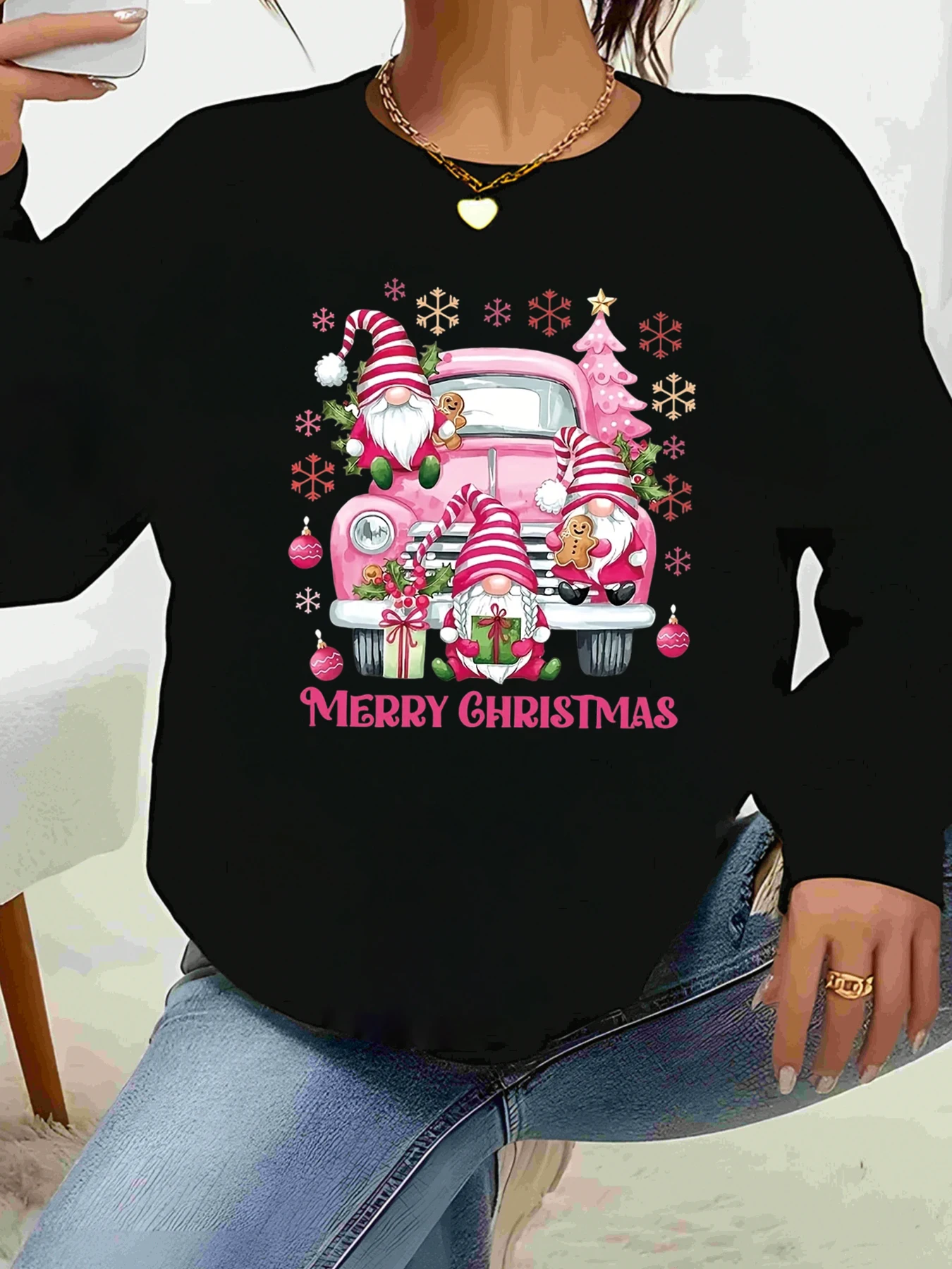 جنوم عيد الميلاد شاحنة طباعة عيد ميلاد سعيد طويلة الأكمام سترة عطلة عارضة المرأة الأعلى