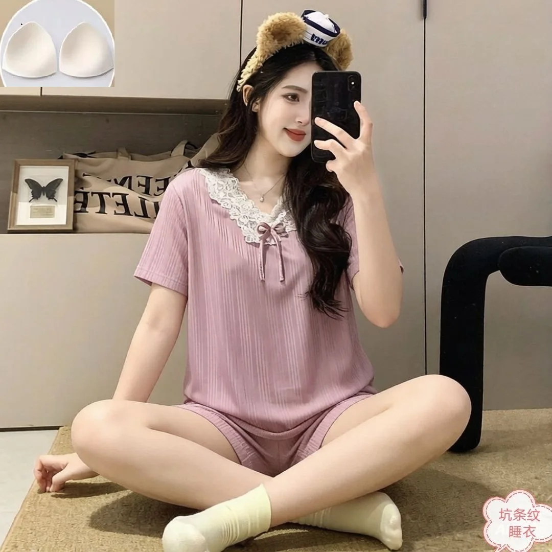 Women Ribbed Pajamas Set Summer Pijama Short Sleeve Shorts Lace V Neck Bow Sleepwear Soft Casual Loungewear Two Piece Pyjamas