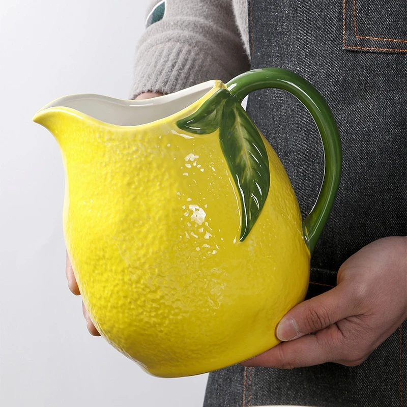 Ceramic Heat Resistant Water Pitcher Handpainted Lemon Embossed Large Jug For Home Table Kitchen Party Birthday Gift For Women