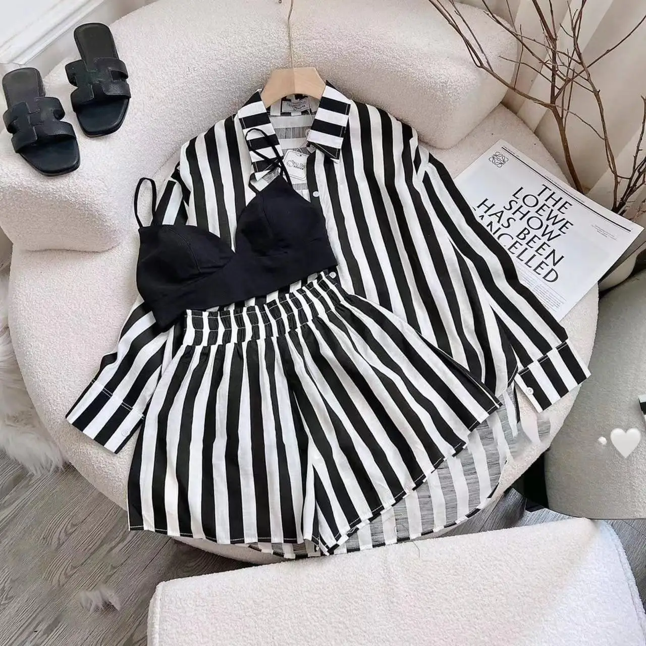 Fashion Black Stripe 2 Piece Set For Women Long Sleeve Shirt And Shorts Two Piece Suit Women Summer Loose Casual Home Set Female