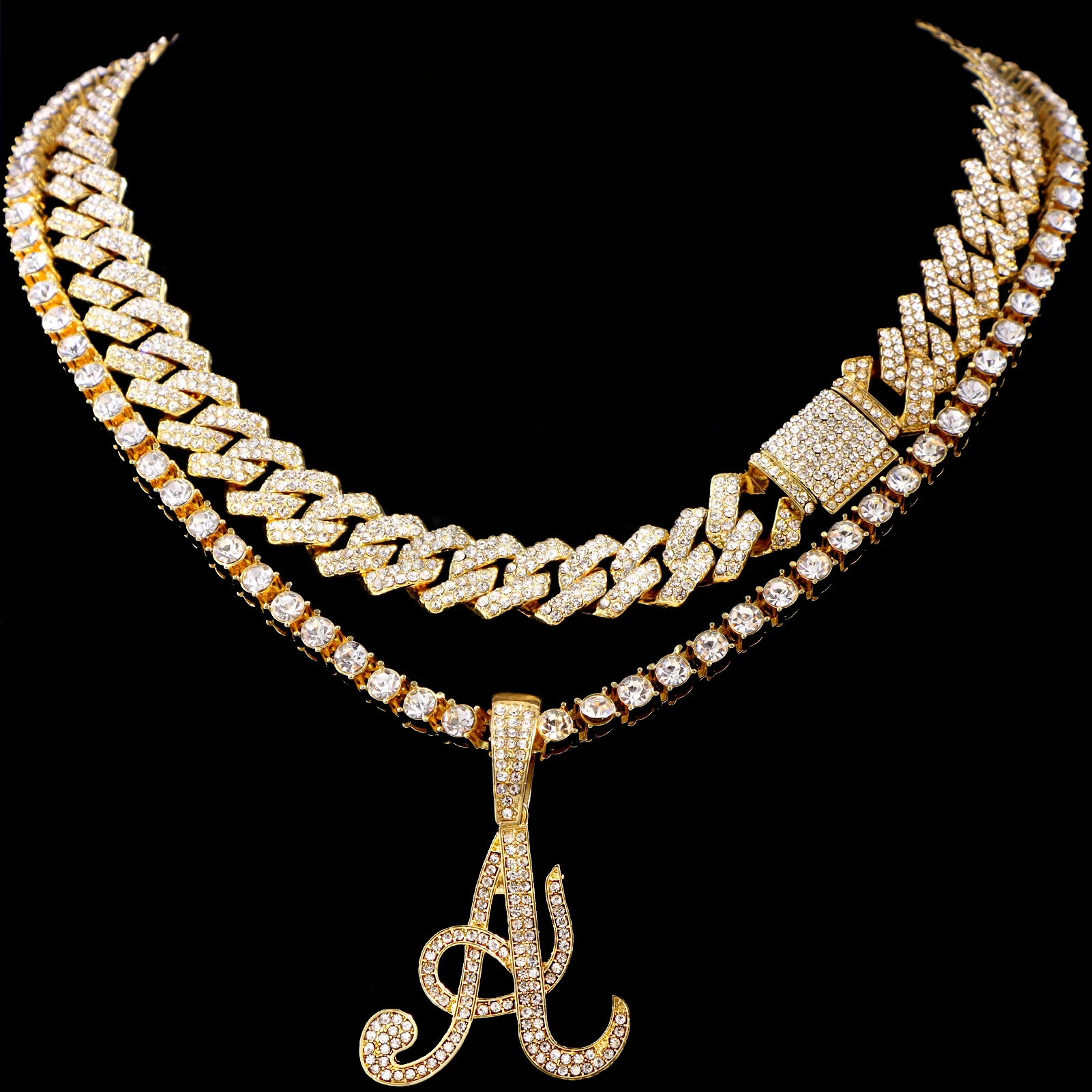 Iced Out Prong Cuban Chain Choker Necklace Bling Crystal Cursive Initial Tennis Chain Letters Pendant Necklaces Birthday Jewelry
