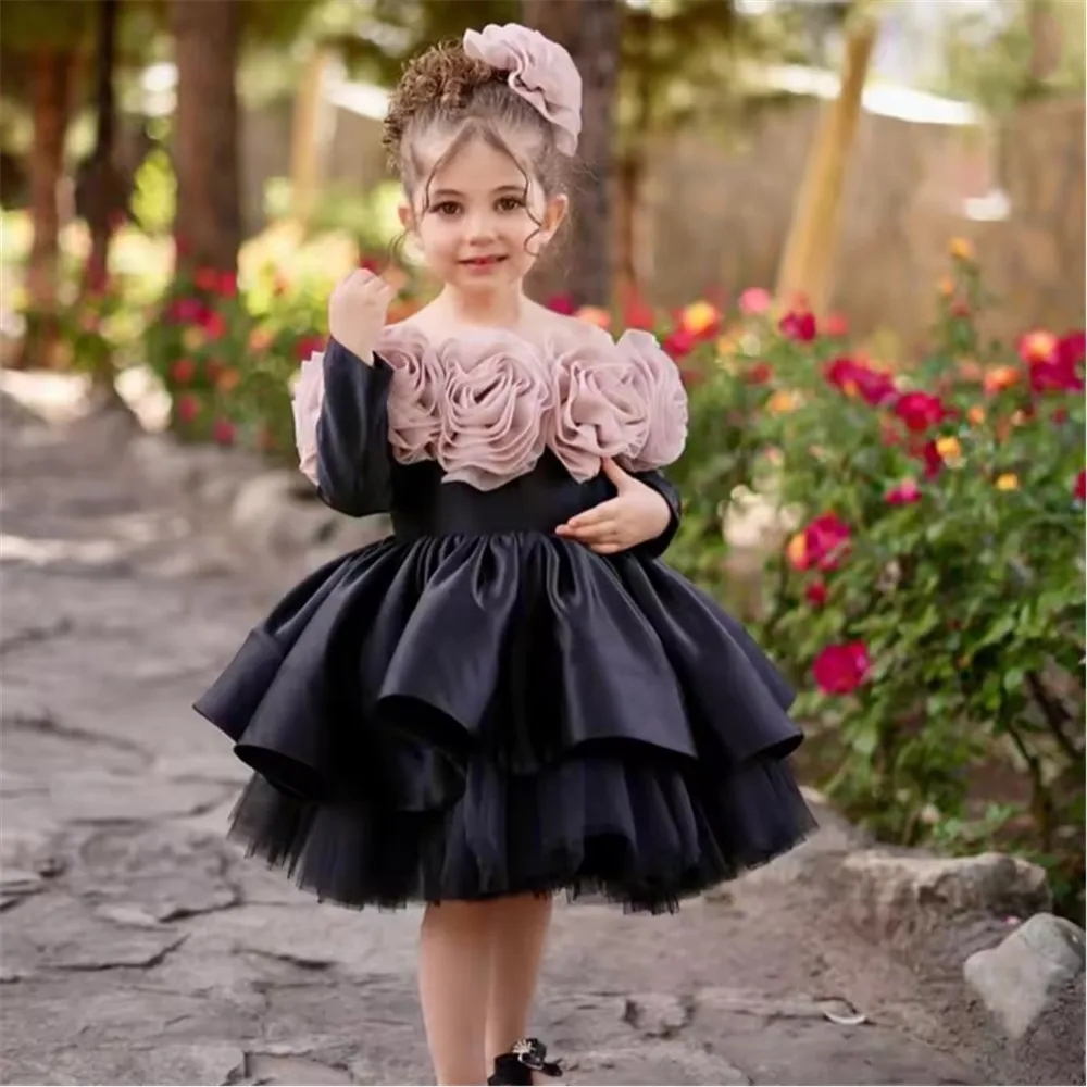 

Dreamy Elegant Black Baby Flower Girl Wedding Dress Off Shoulder Long Sleeve with Flowers Birthday Party Prom Dress