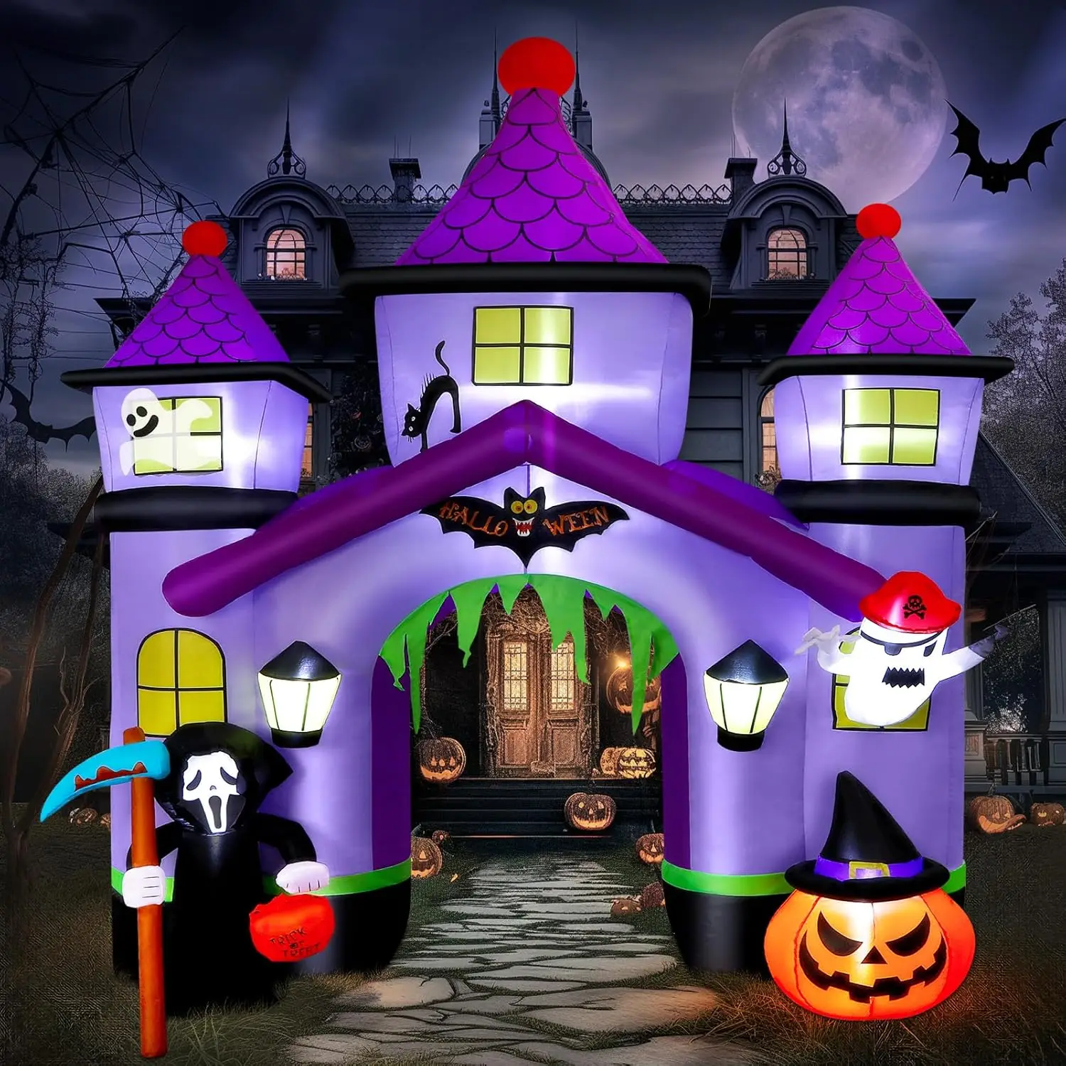 

Halloween Inflatables Giant 10FT Haunted House Castle Archway Outdoor Decorations, Blow Up Inflatable with LED