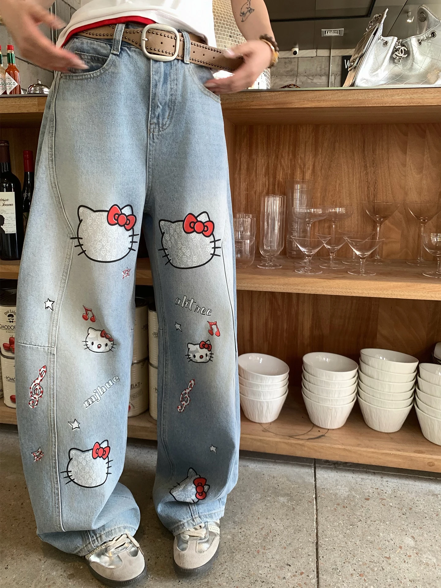 

Light Blue Lace Kitty Pattern Wide Leg Jeans Women's Unique Design Sensation Bootcut Pants Spring Summer Casual Loose Fit