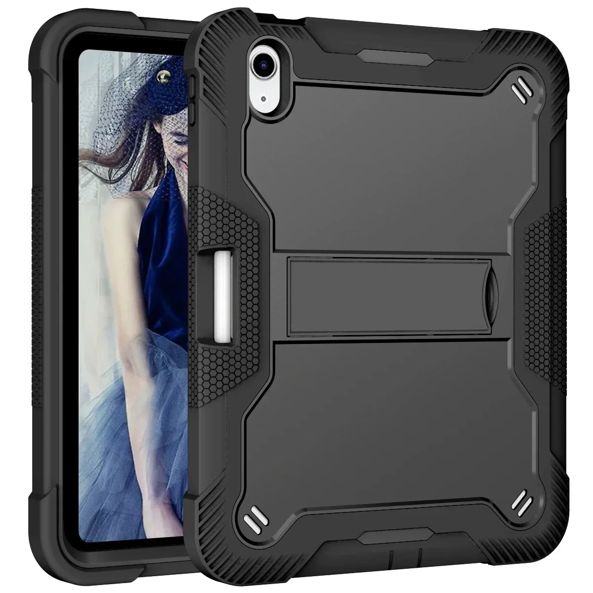 for iPad 10th Generation 10.9 Case, (with Pencil Holder & Kickstand) Rugged Shockproof Heavy Duty Soft Silicone Hard PC Case