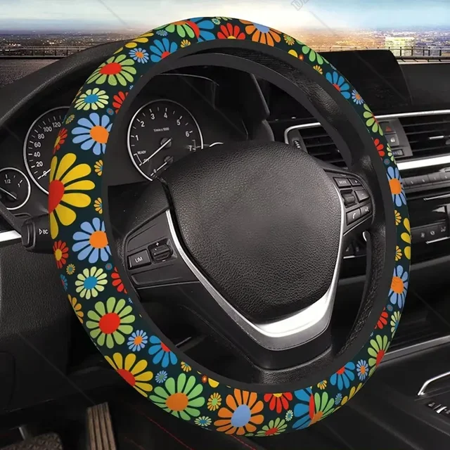 Pokrowiec na kierownicę Hippie Flower - elastyczne neoprenowe pokrowce na kierownicę samochodową 15 cali Uniwersalne antypoślizgowe oddychające