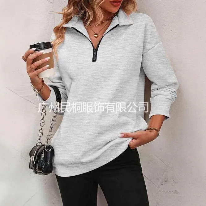 Damska bluza z długim rękawem i krótkim zamkiem błyskawicznym, modny sweter damski