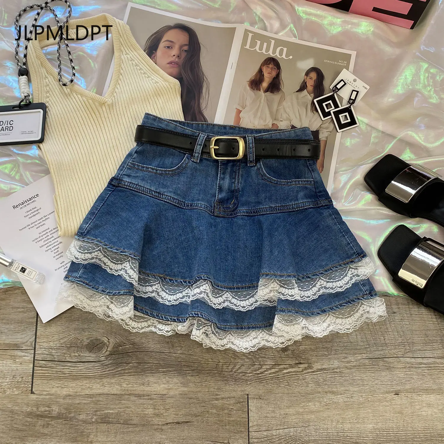 

Lace denim skirt women's 2025 summer thin high waist thin fluffy lotus leaf a word cake short skirt pants women