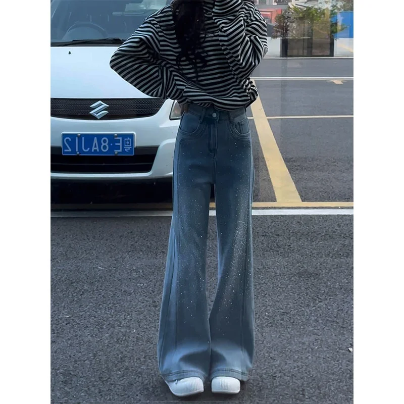 

Blue High Waist Slimming Straight Leg Denim Jeans Women's Spring 2026 New Sle Glitter Rhinestone Micro Flared Pants