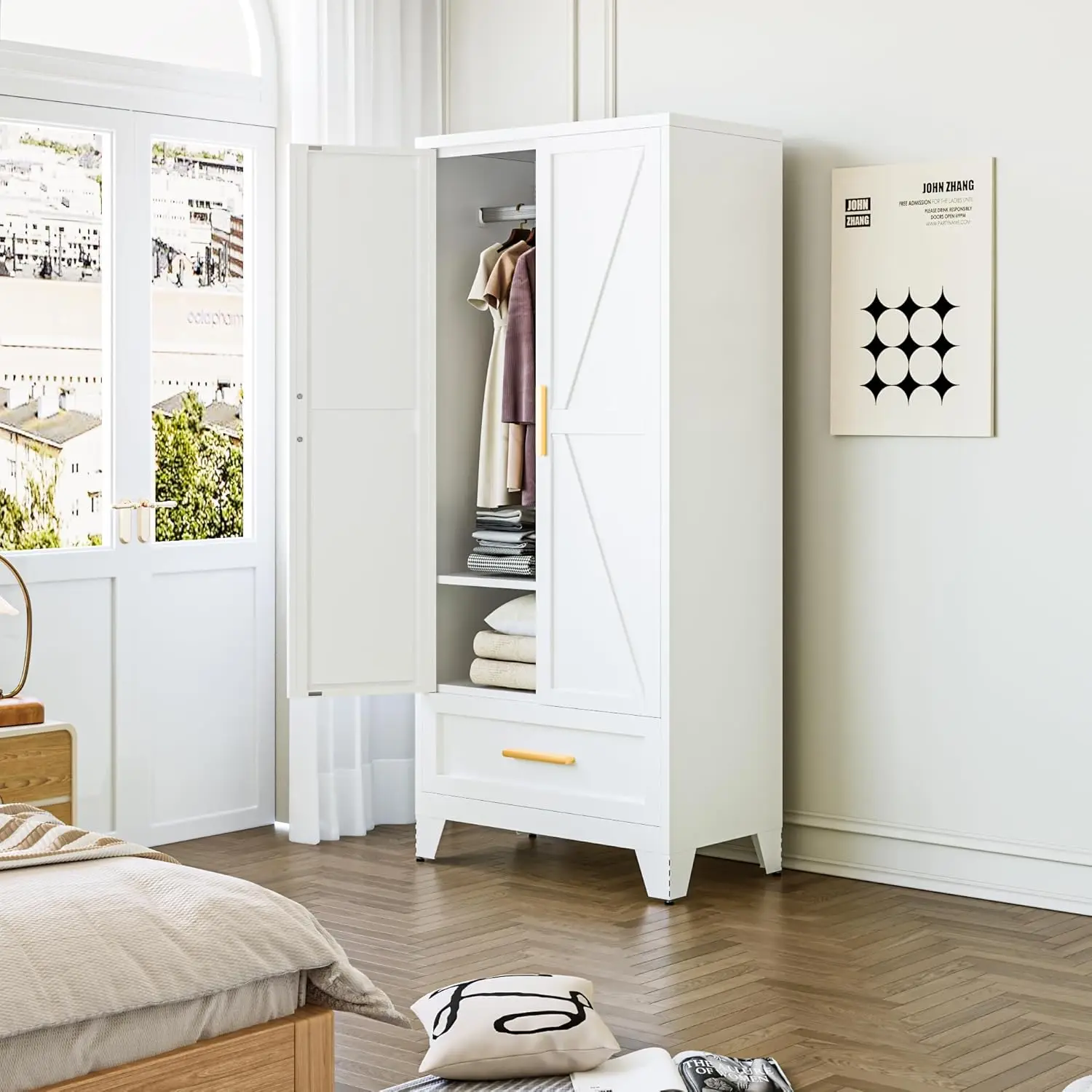 Metal Wardrobe Closet with Hanging Rod, 2 Barn Doors, Adjustable Shelves, Steel Armoire with Drawer for Home, Bedroom