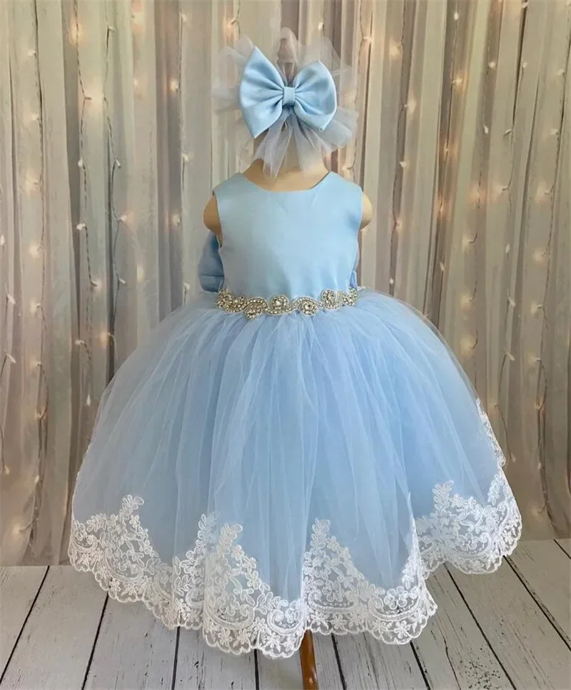 Sky Blue Flower Girl Dresses Tulle Appliques Wedding Birthday Party Knee Length Baby Kids Bow Pageant First Communion Gown