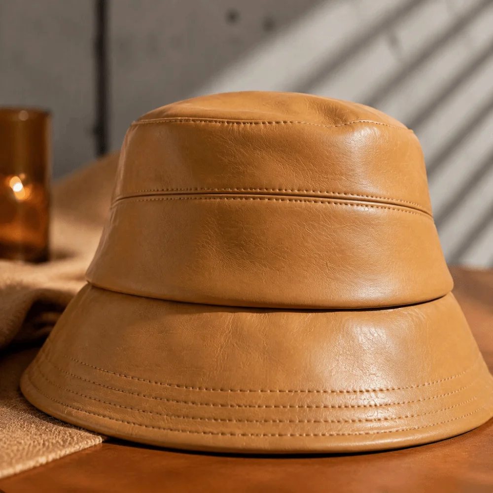 Fashion Solid Color Sun Bucket Hat Packable Lightweight Wide Brim Hat Vintage Style Versatile PU Leather Hat For Women 2