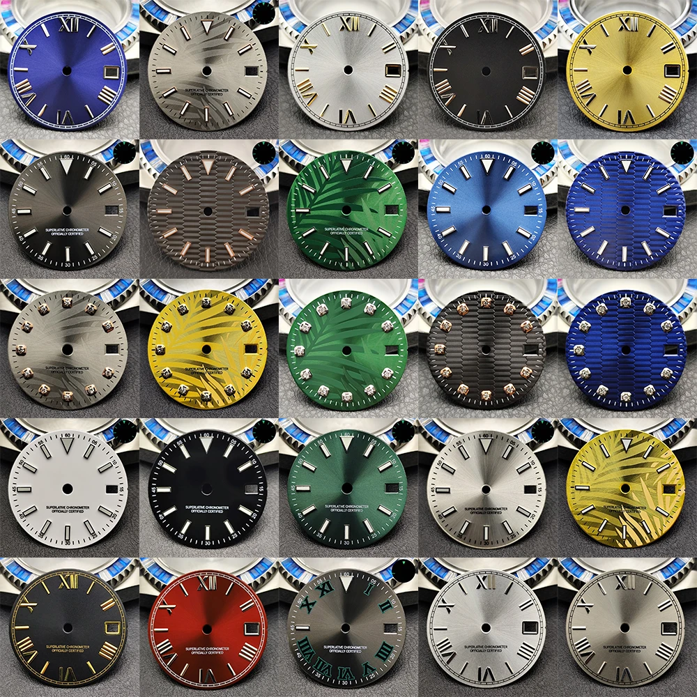 

28.5mm dial green luminous NH35 dial fit for NH35 NH36 movement watch accessories replaceable watch parts NH35 silver hands dial