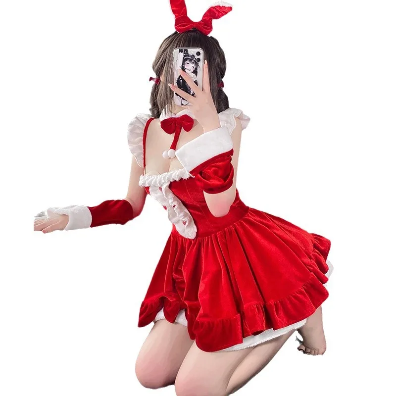 Pure Libido Autumn and Winter Velvet Sexy Uniform Kawaii Red Santa Costume Pink Halter Maid Dress Carnival Masquerade Party Set