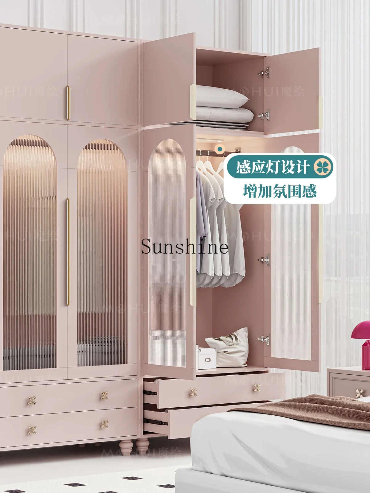 

French wardrobe bedroom with light glass door combination wardrobe size apartment pink FT