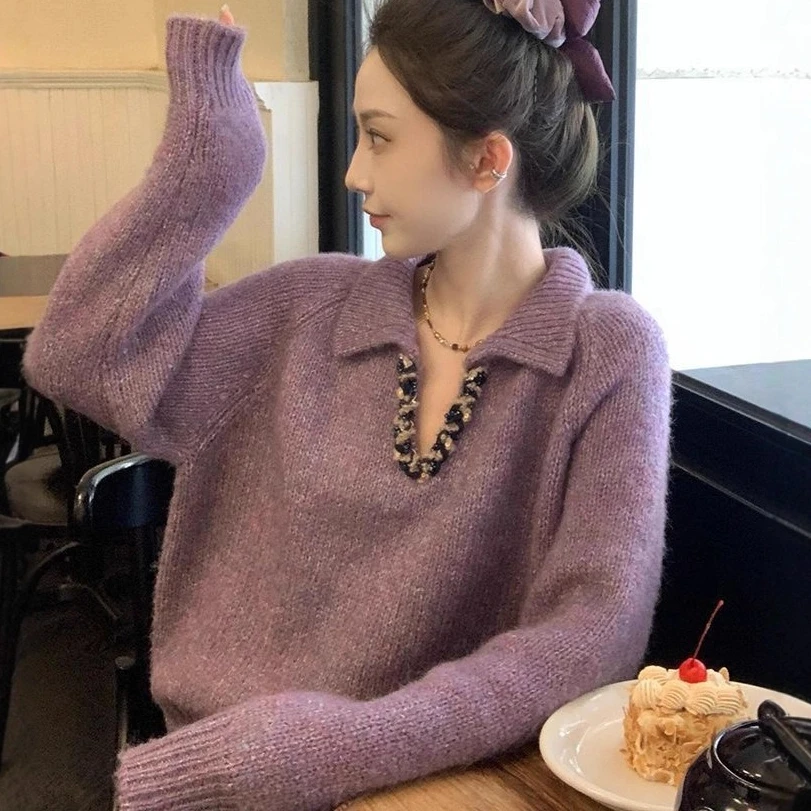 

Women Knitted Pullovers Sweaters Solid Jumpers Turn Down Collar Long Sleeves Slight Strech Loose Fit Casual 2026 Autumn Winter