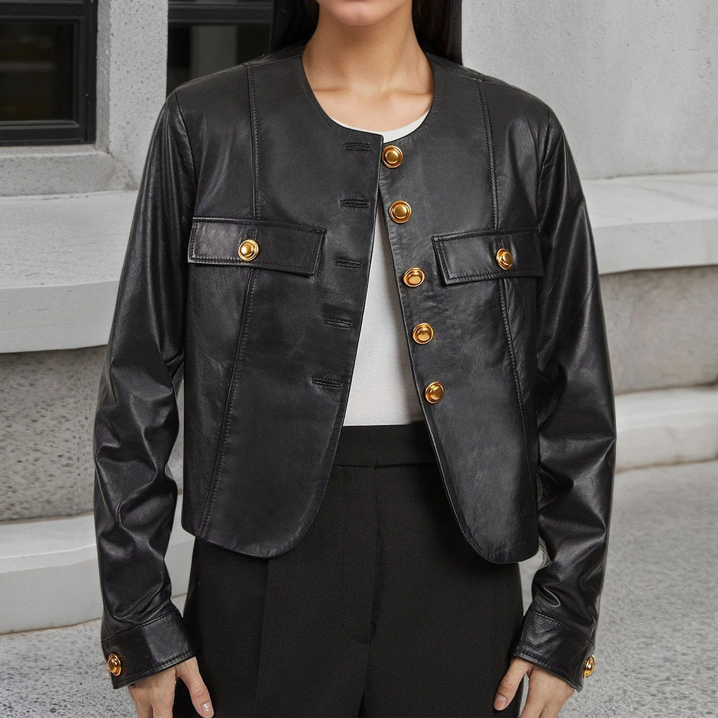 

Women PU Leather Jacket Black Short Style European American Fashion Round Neck Gold Metal Buckle Design New Long Sleeve Coat