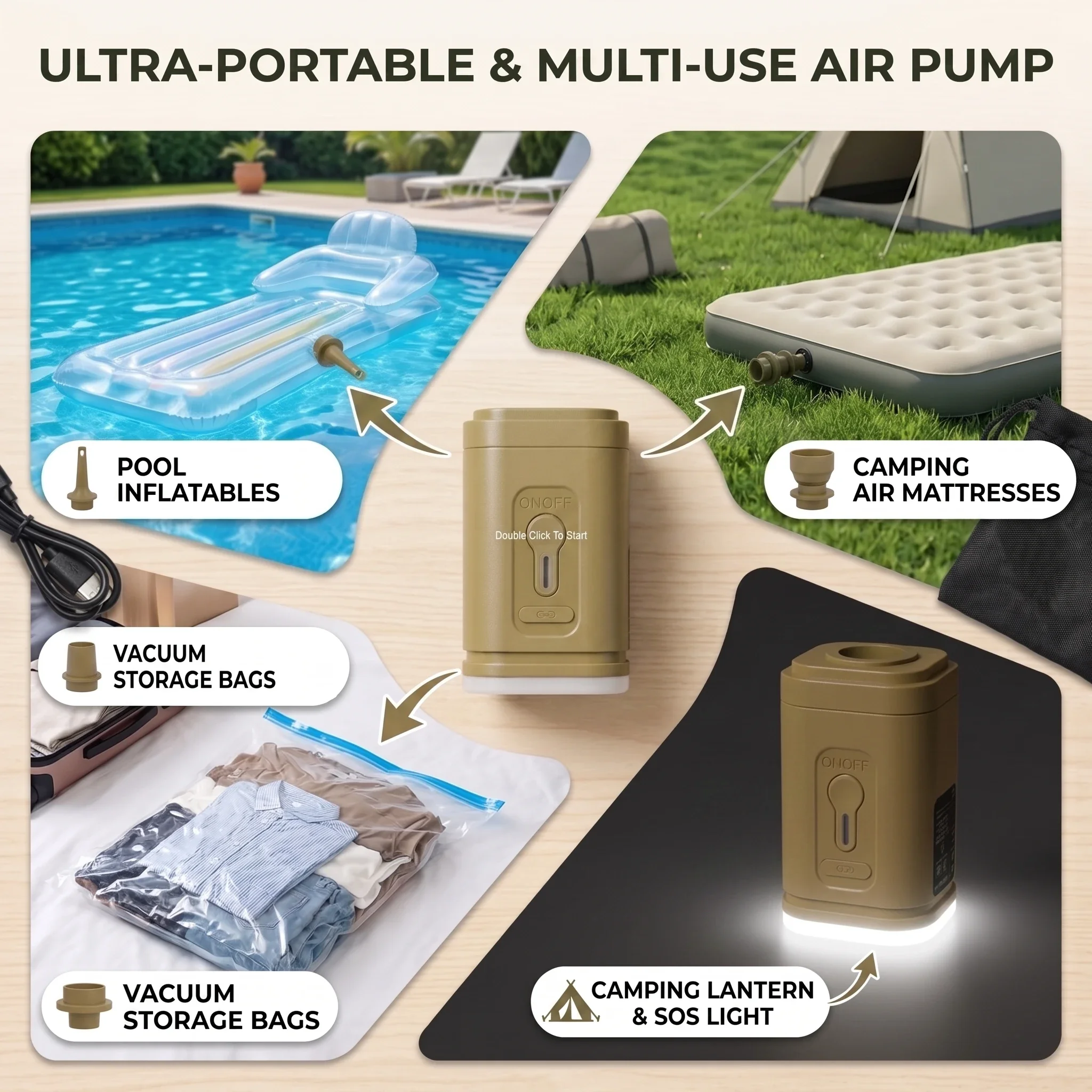 Cordless Mini Air Pump USB-C Rechargeable 1200mAh, Hangable Inflator Deflator LED Light for Air Mattress Pool Floats Camping view 6