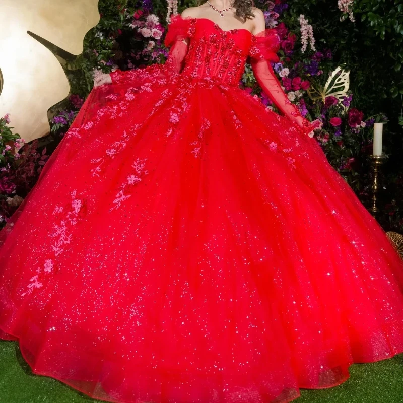 Lorencia-Vestido De quinceañera rojo De manga larga, Vestido De baile De encaje con apliques De tul, con cuentas y hombros descubiertos, dulce 16, De 15 Años, YQD495