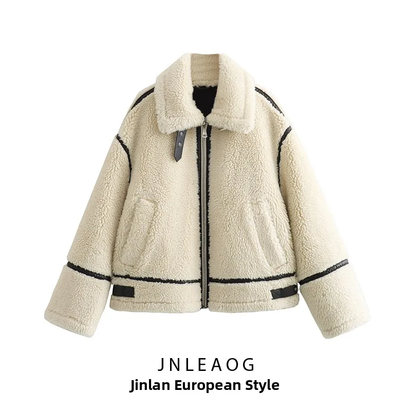 JNLEAOG Autumn New Faionable Furry Motorcycle Sle Coat Long Sve Street Sle Women's Cotton Jaet