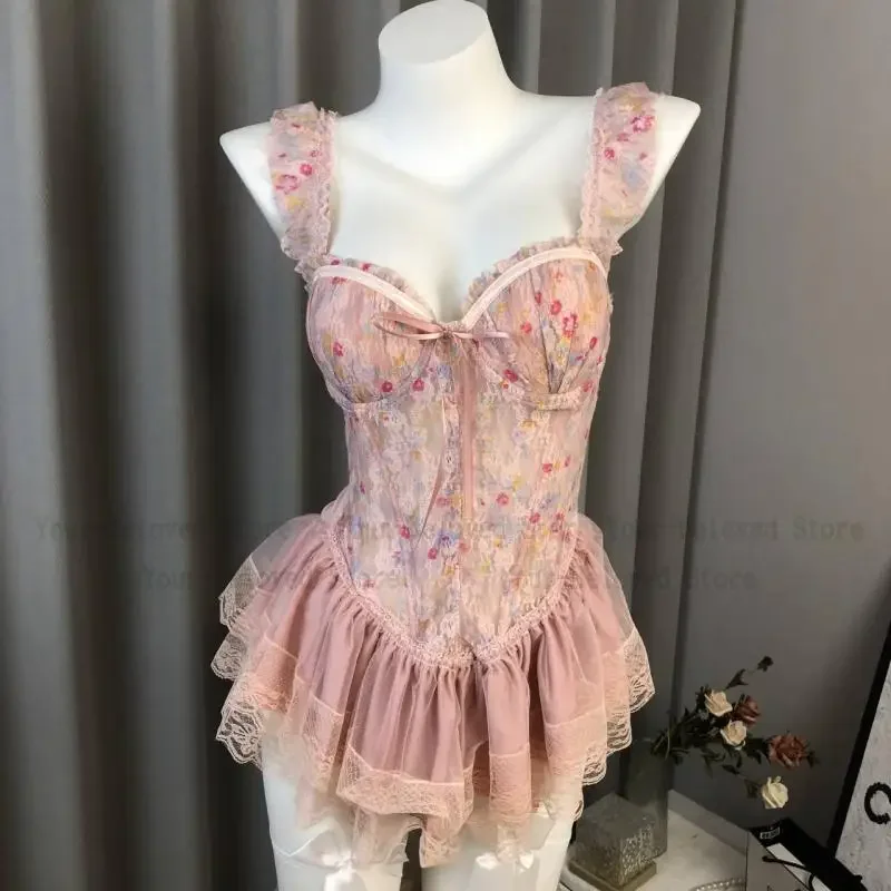 

Sexy Camis Sweet Floral Boned Corset Lingerie Padded Bust Slimming Dress Sexy Bodysuit High Quality Women Clothing Nightdress