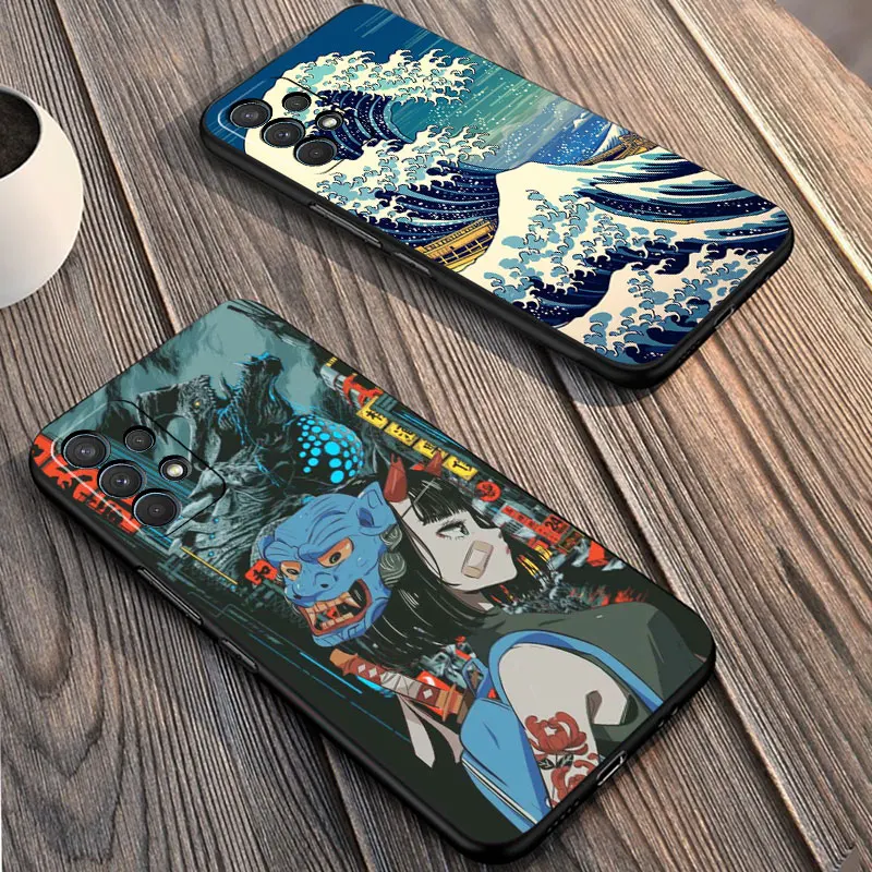 Black Case for Samsung Galaxy A52 A73 5G A33 A12 A53 A22 A13 4G A24 A14 A23 A54 A70 Soft Phone Cover Japanese Wave Girl Dragon