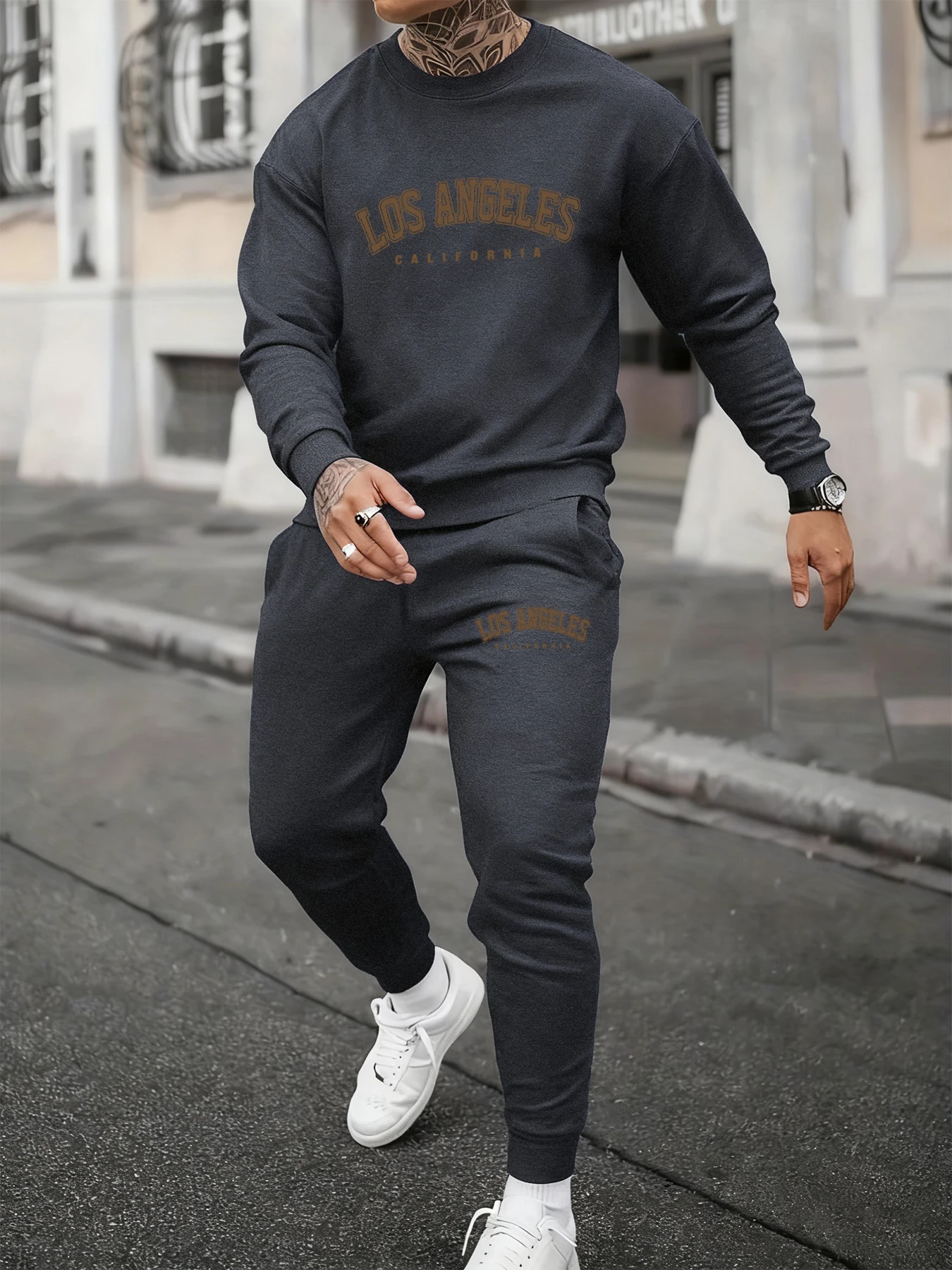 Los Angeles California Letter Printed Men Autumn Sweatshirt Set Loose Fleece Two Pieces Sets Casual O-Neck Pants Sporty Clothes