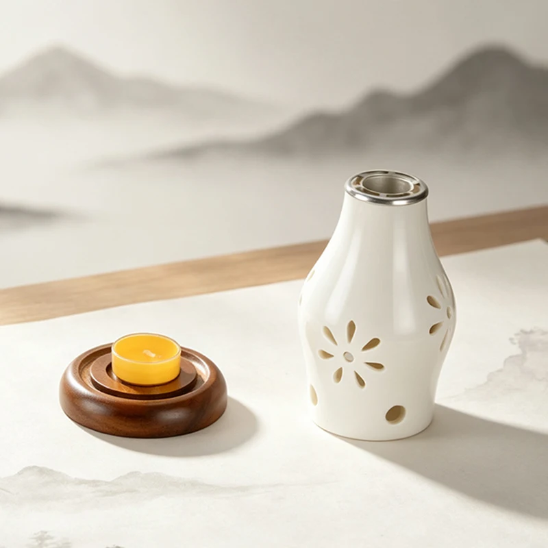 Keramik-Kerzenhalter mit Holzsockel, Aromatherapie-Räuchergefäß für Yoga, SPA und Aromatherapie – Detail 9
