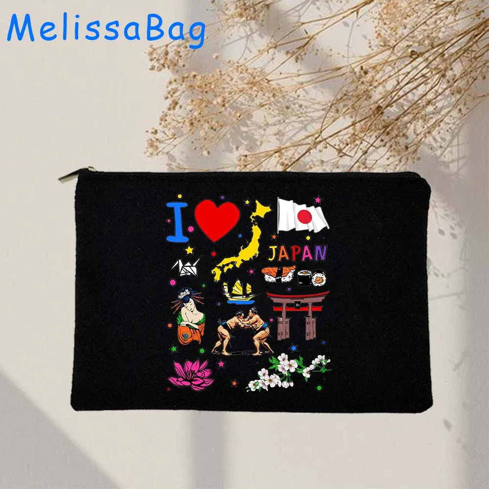 American Ethiopia China Brazil Mexico Russia Japan Landmark Flag Map Cultural Icons Canvas Cosmetic Makeup Bag Pencil Case Pouch