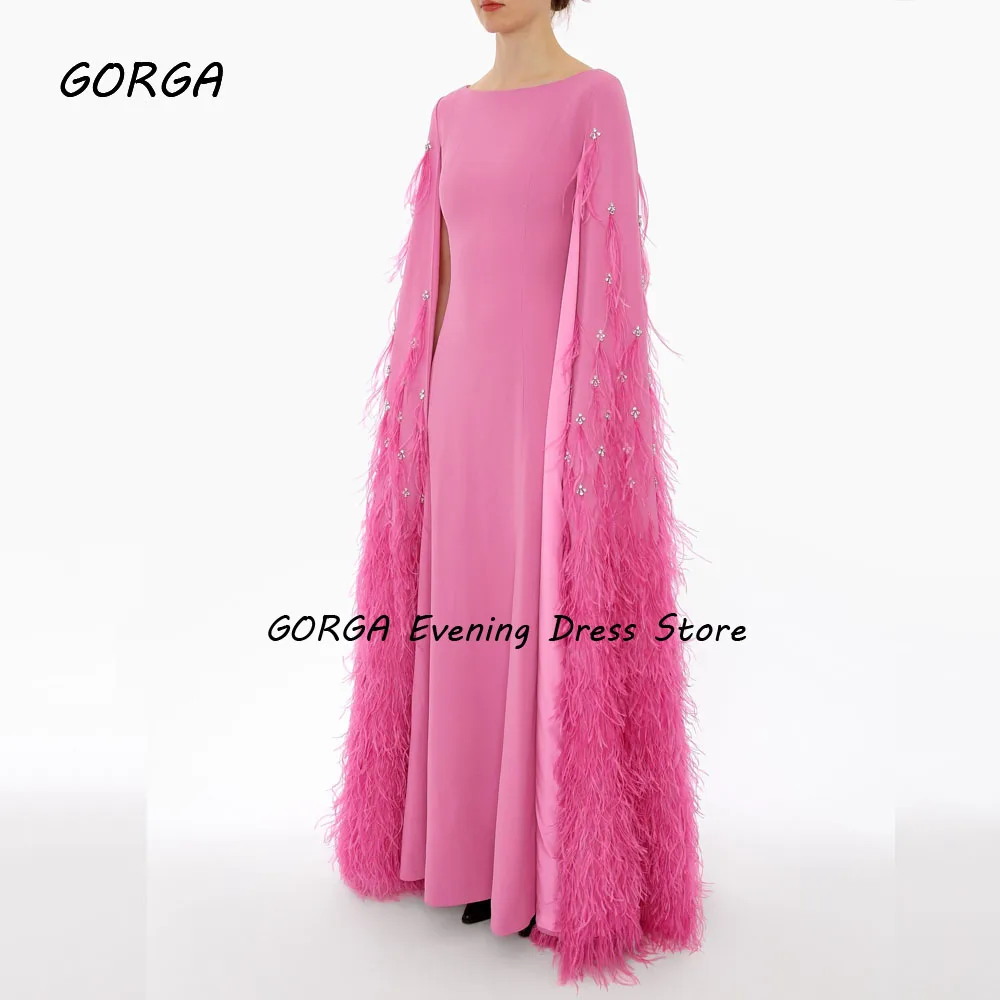 GORGA Pink Crepe O-Neck Mermaid 2024Slim Backless Beading Feathers Cope Ocassion Gown Floor-Length Evening Dressفستان سهرة نسائي