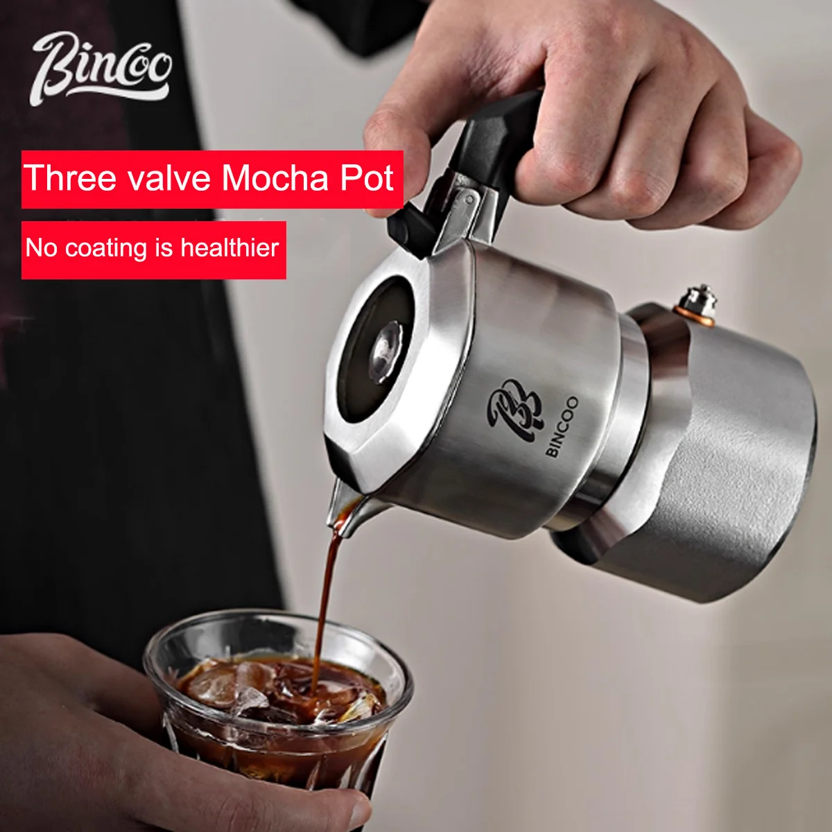 

Bincoo Three valve Moka Pot Stainless Steel Body Electric Pottery Pot Home Italian Espresso Coffee Pot Set Barista Accessories